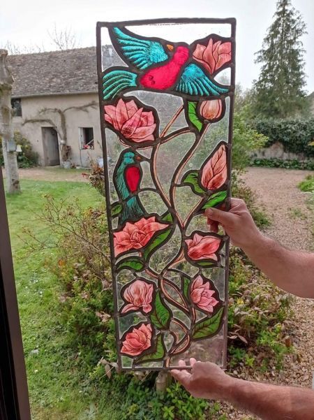 Stained Glass - Beautiful flowers and birds stained glass door panel.