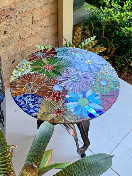 Beautiful Mosaic Garden Table With Welded Leaf Legs image one