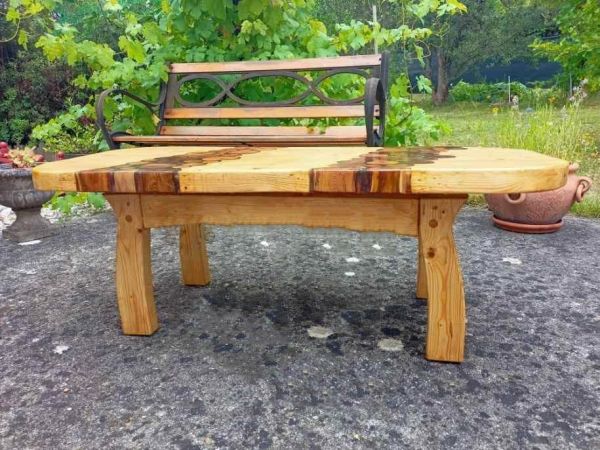 Woodwork - Pine table with cross cut end on log inlay with resin