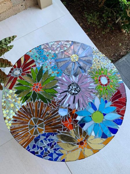 Beautiful Mosaic Garden Table With Welded Leaf Legs image two