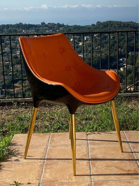Ideas on how to copy a designer chair with orange leather and gold legs? image three