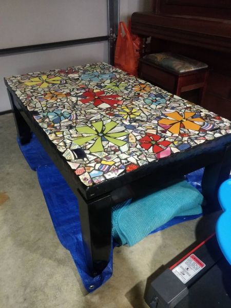 Tiled coffee table made from broken crockery made by a crazy wife image two